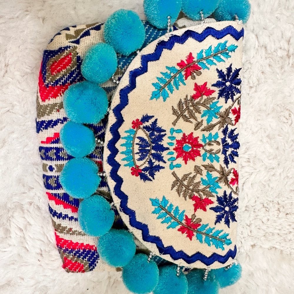 Paper Source Geometric Embroidered Clutch with Blue Accents